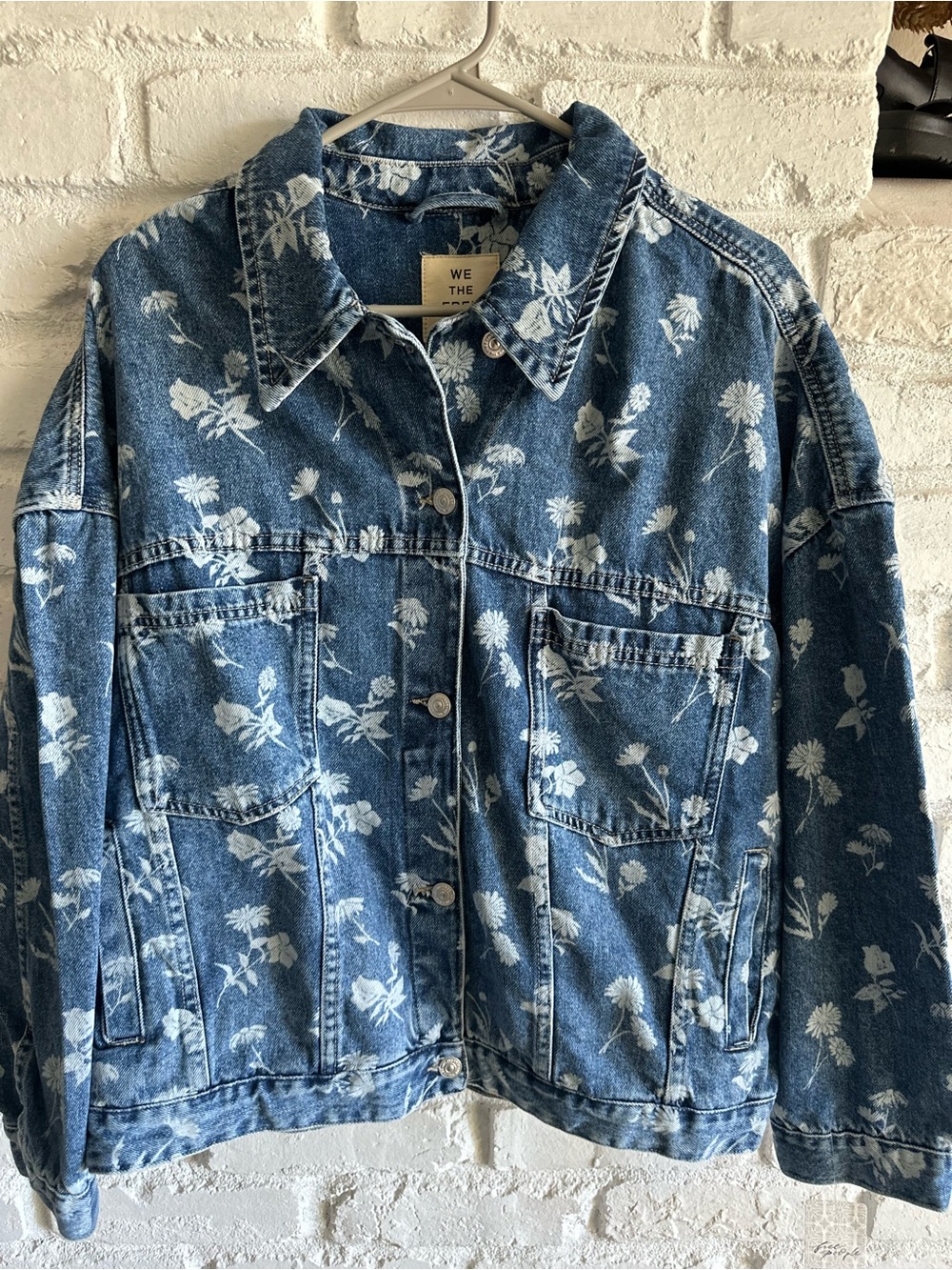 We The Free Blue Floral Denim Trucker Jacket
